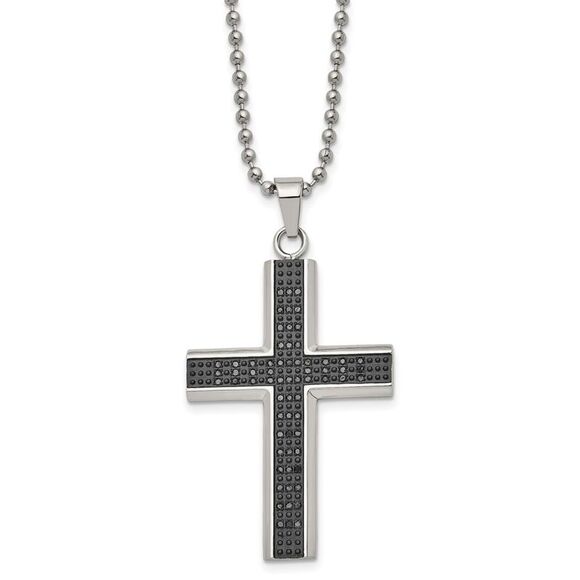 Stainless Steel Black Rhodium Black Diamond Cross Necklace 24 Inch